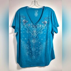 Time & Tru teal with blue and silver paisley top women's XXL  #1997